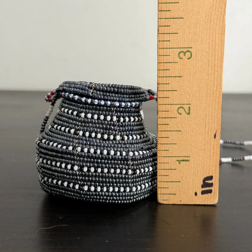 Handmade Beaded Miniature Basket Bag Coiled Wire Seed Bead Trinket Pot